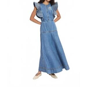 Alemais Cute Denim Maxi Dress with Ruffle Sleeves - Blue, Summer Fresh